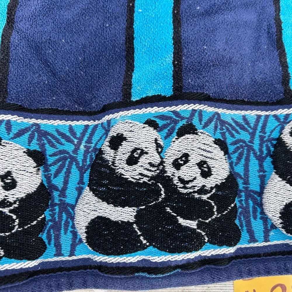 Vintage Panda Embroidered Beach Towel Blue Stripped Cotton